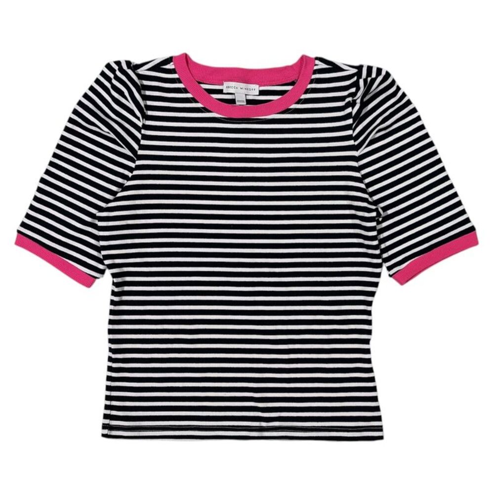 Rebecca Minkoff Women's Regular Fit Soft Rib Knit Puff Sleeve Top - Black Stripe
